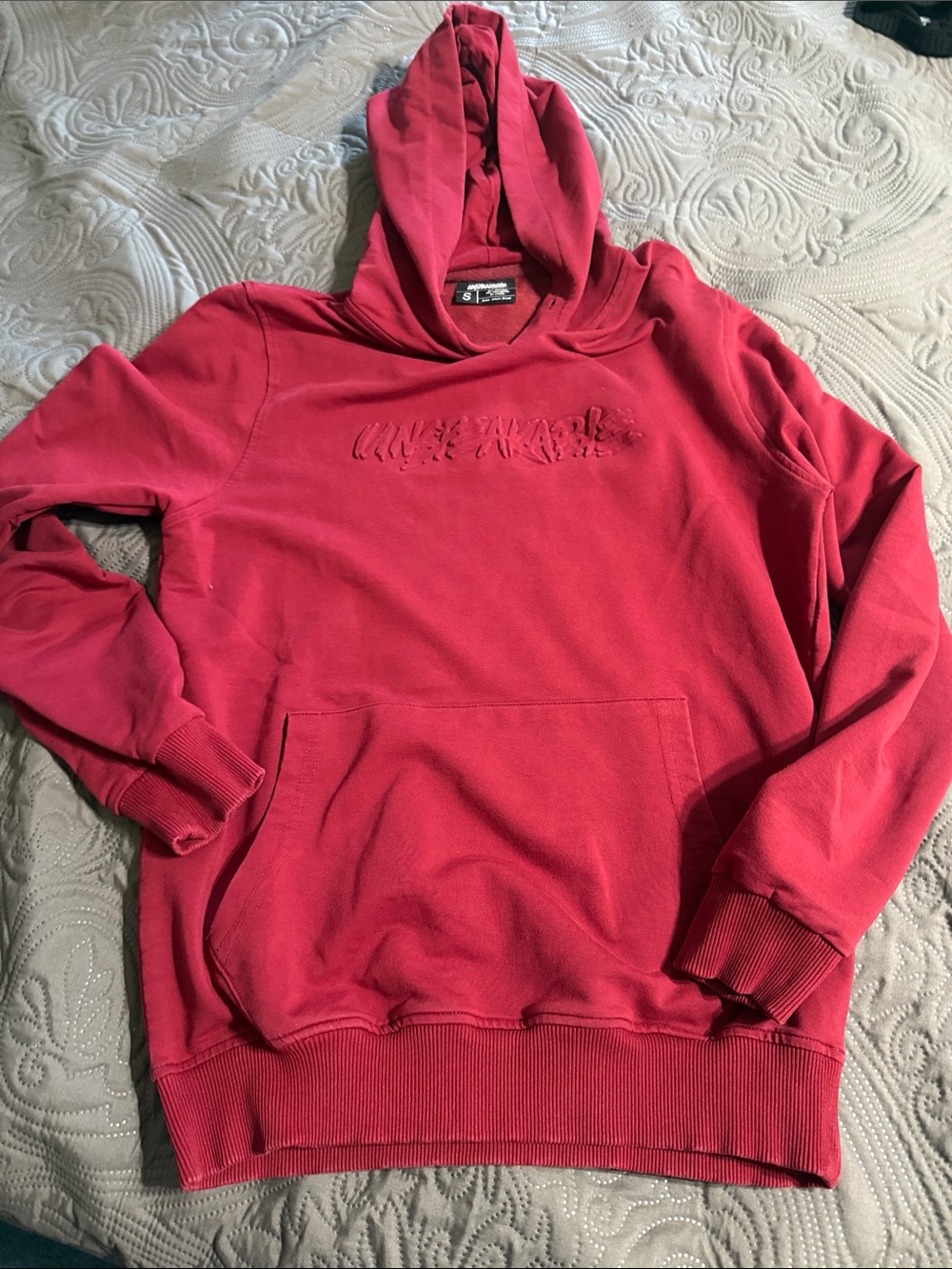 Embroidered Red Hooded Pullover Sweatshirt